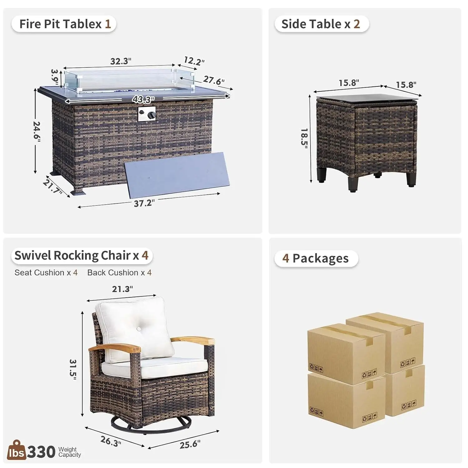 7pc Wicker Patio Furniture Set with Fire Pit Table 4 Swivel Rocker Chairs & Side Table, Custom