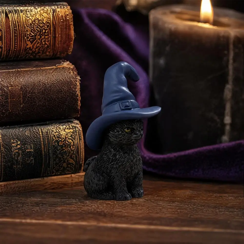 Halloween Cat Decoration Halloween Cat Figurine with Witch Hat Resin Pumpkin Skull Statue Moon Decor for Tabletop Mantel Shelf