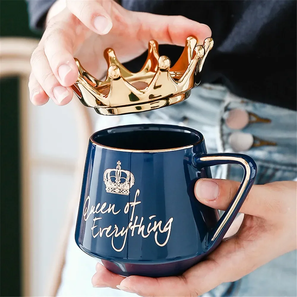 Queen of Everything Mug with Crown Lid Spoon Ceramic Coffee Cup Gift for Girlfriend Wife Crown Lid Mug Wake Bake Water Bottom