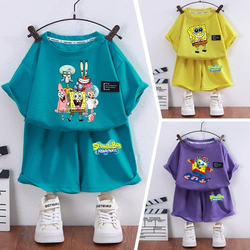 

SpongeBobed SquarePants T-shirt Shorts Boy Girl Kawaii Anime Short Sleeved Set Fashiona Sweet Loose Tee Top Summer Clothing Gift