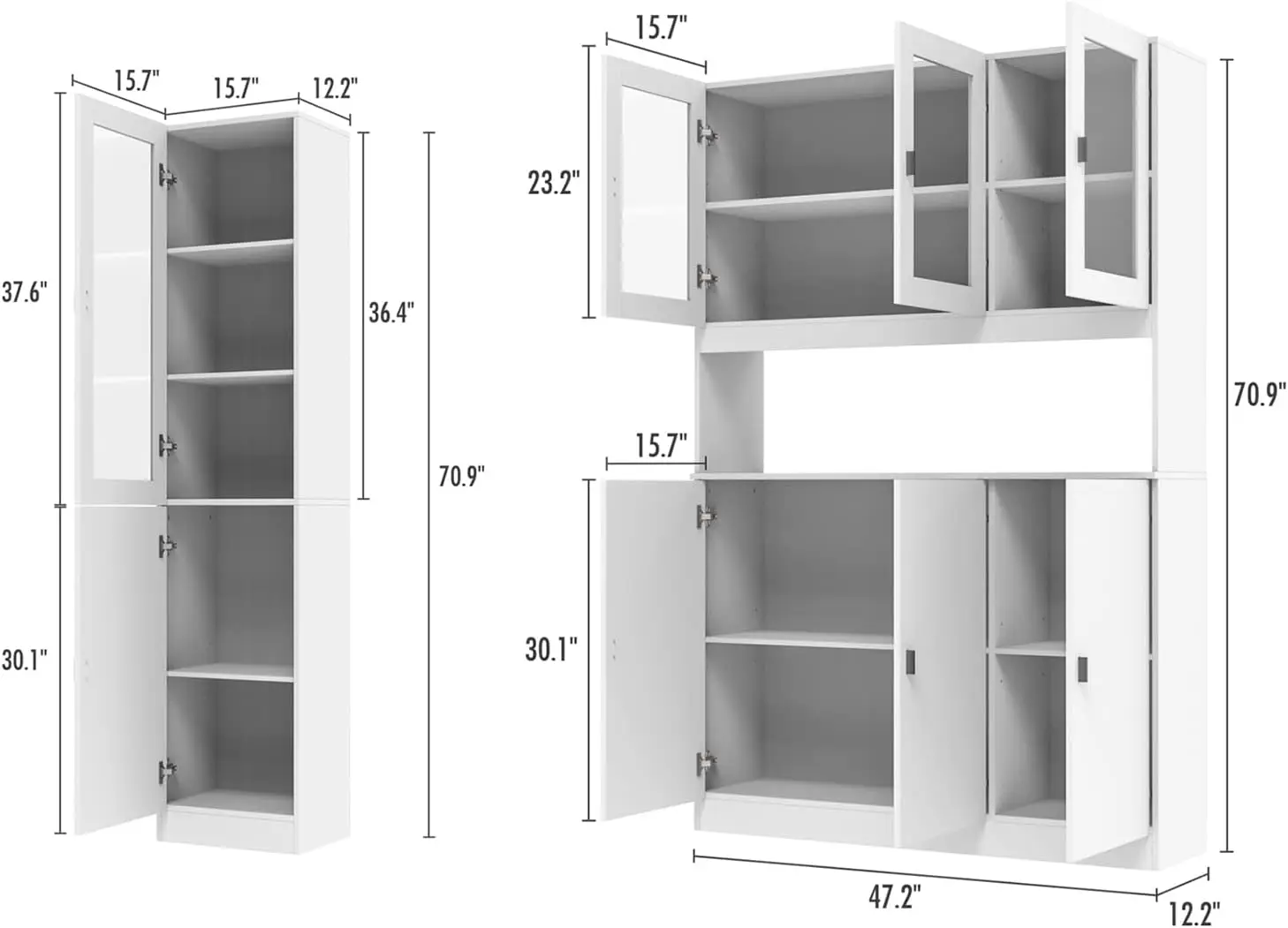 Ecacad Large Kitchen Pantry With Glass Doors & Adjustable Shelves, Multi-Tier Wood Storage Cabinet, Freestanding Kitchen