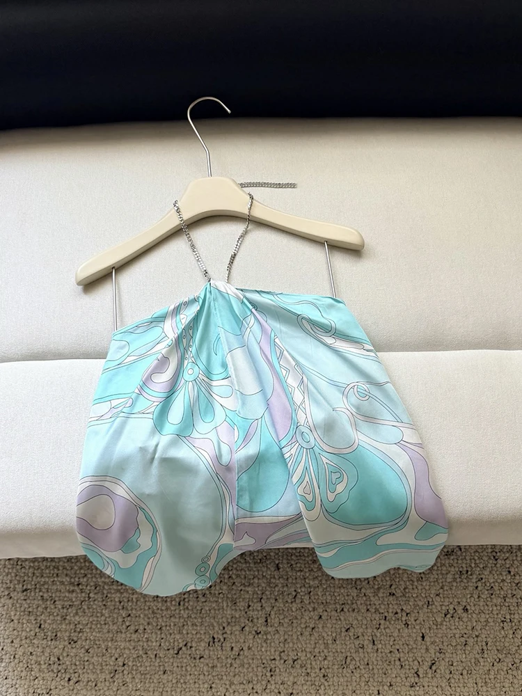 Summer Fashion Beach Style Party Geometric Print Silk Top Women's Metal Chain Hang One's Neck Sexy Backless Tops
