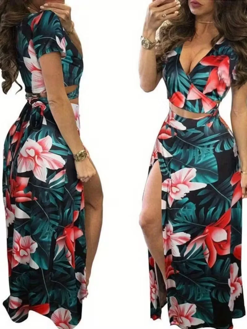 Damskie seksowne komplety 2-częściowe na lato, plażowe, w stylu boho, z kwiatowym wzorem, sukienka z dekoltem w serek, krótkie topy i spódnice maxi z wysokim rozcięciem.