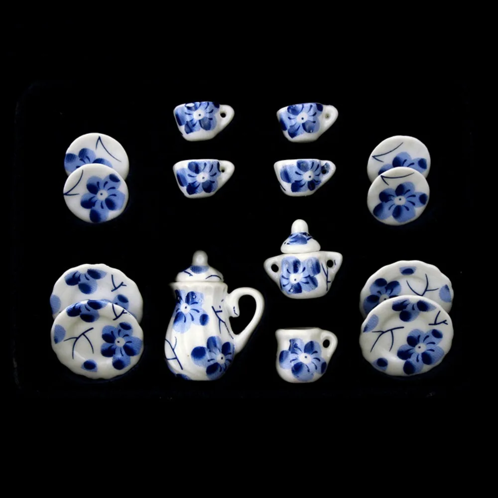 Ceramic Dollhouse Miniature Tea Set Kettle Tableware Doll House Cup Model Set Flower Tray Miniature Porcelain Tea Cup Set