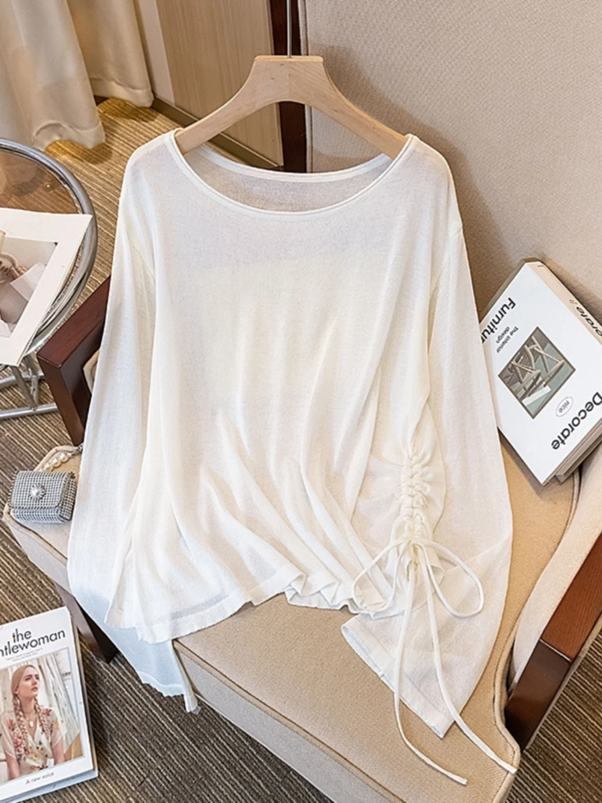 Cafe Au Lait Long Sleeve T-Shirt Women's Spring Style Short Pure Desire Micro Transparent Base Shirt Loose Fit Korean Style