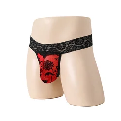 Mens Mesh Hollow Print Lace Thongs See Throug Pouch Bikini Underwear T-Tack G String Briefs Underpants Seductive Slim Male Thong