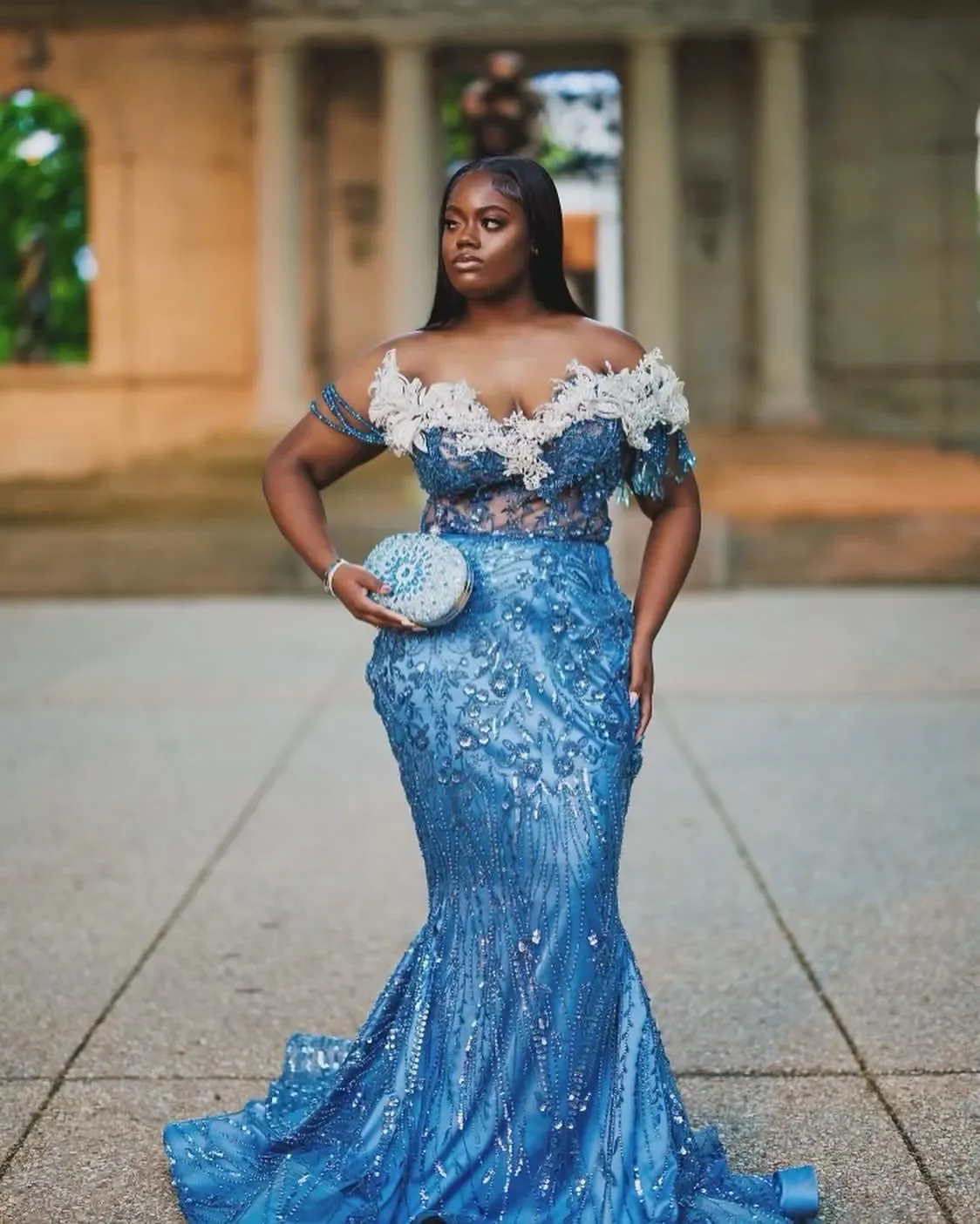 Plus Size Blue Mermaid Prom Dress Lacefull Promdress Flowers Beaded Evening Formal Party Second Reception Birthday Engagement G