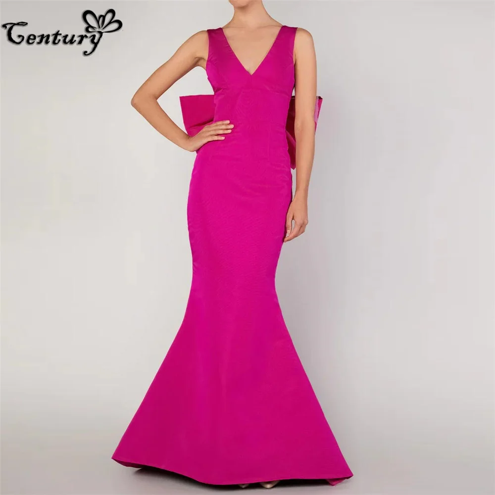 

Fuchsia Arabic Prom Dress Long Big Bow Backless Satin Dubai Evening Party Gowns Mermaid Formal Dresses Customized