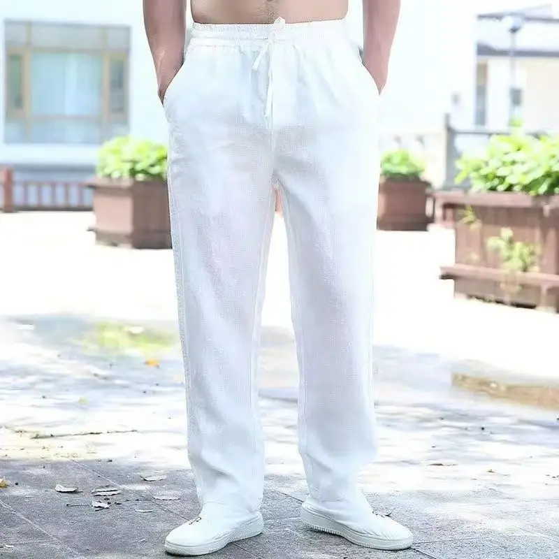 

Новинка 2024, мужские качественные брюки на весну и лето, мужские хлопковые дышащие удобные повседневные домашние прямые брюки, льняные мужские брюки