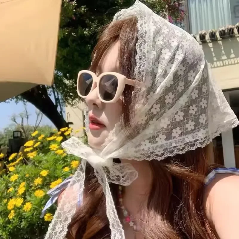 Women French Country Style Lace Mesh Triangle Scarf Spring Summer Floral Hair Scarf Elegant Headwrap Bohemian Hair Accessories