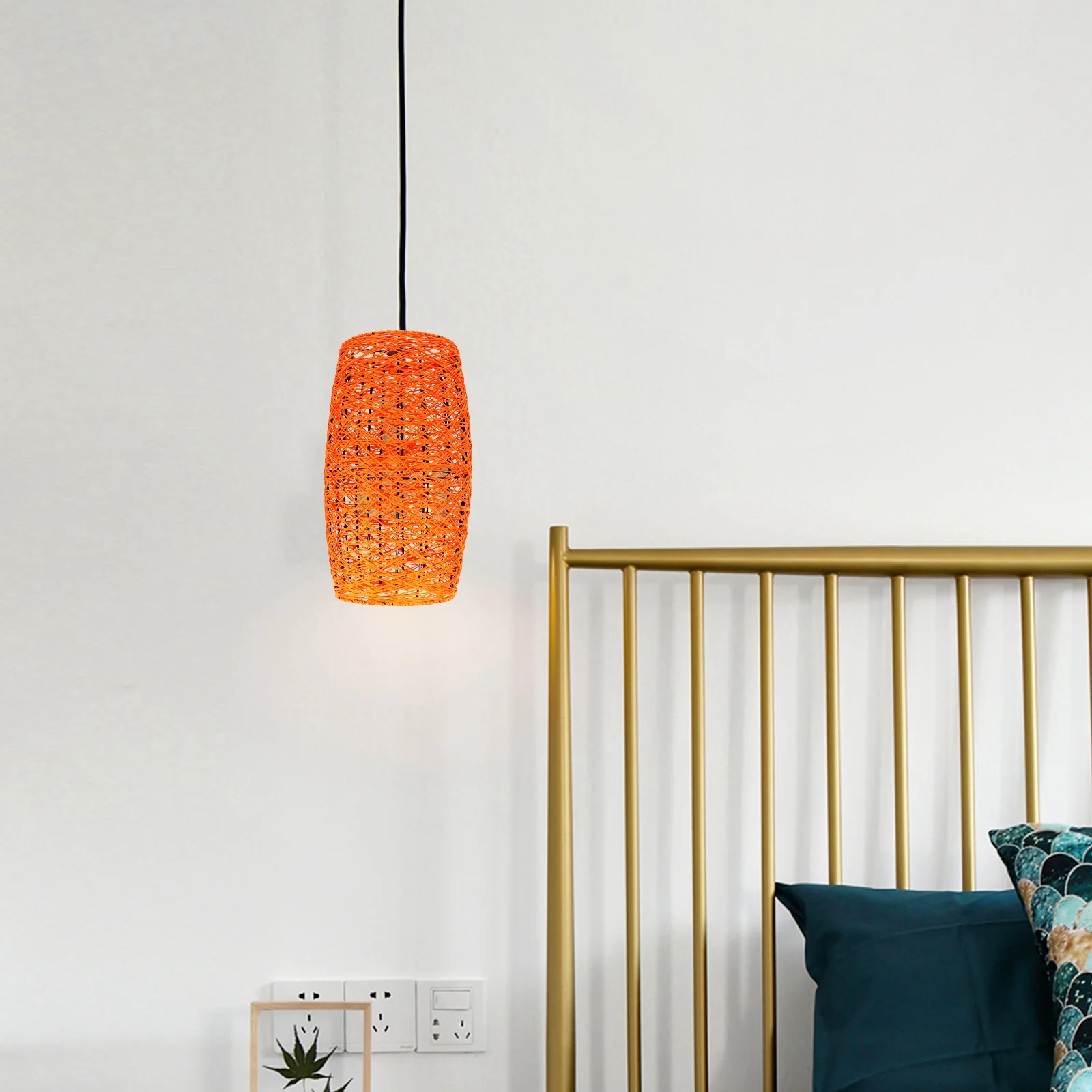 

Rattan Woven Lampshade Warm Atmosphere Metal Rustic Style Hanging Lamp Cover Orange Color Durable Sturdy Home Hotel Bedroom