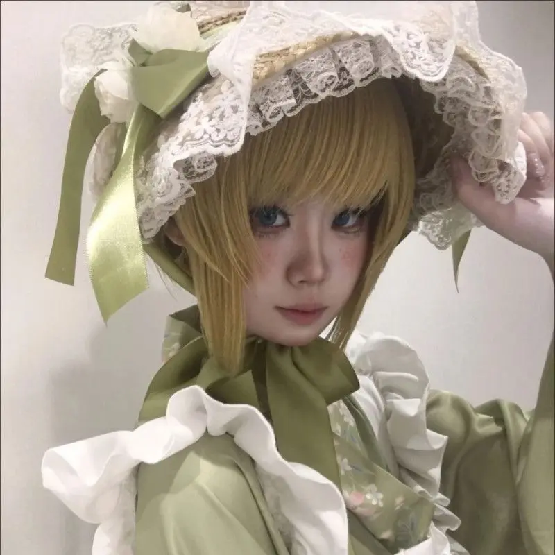 Hanfu Mixed Style BNT Bonnet Lace Trim Sweet Style Lolita Flat Straw Hat Elegant Daily Photo Hair Accessories