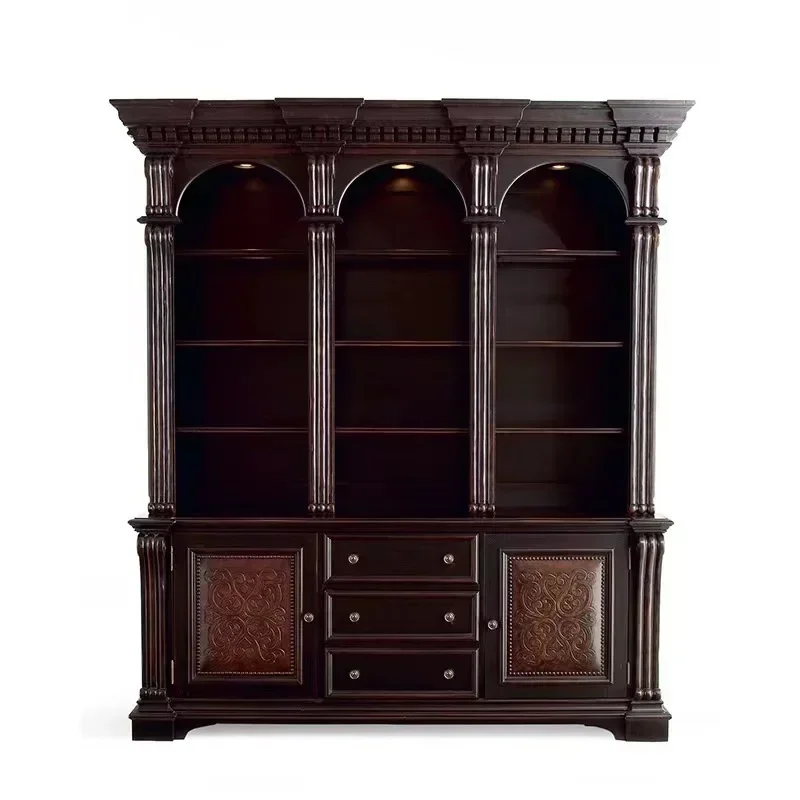 American solid wood bookcase, ash wood retro old carved living room locker side cabinet