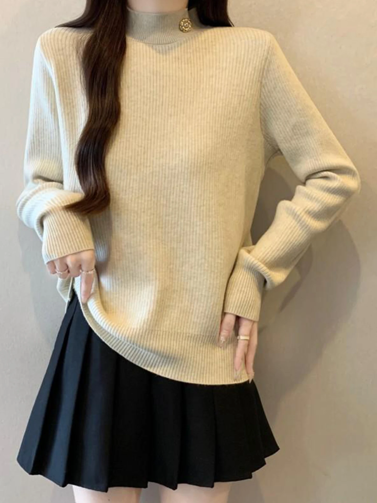 

Женский вязаный свитер больших размеров с высоким воротником, осенне-зимний, утепленный, как базовый слой, можно носить как самостоятельную вещь