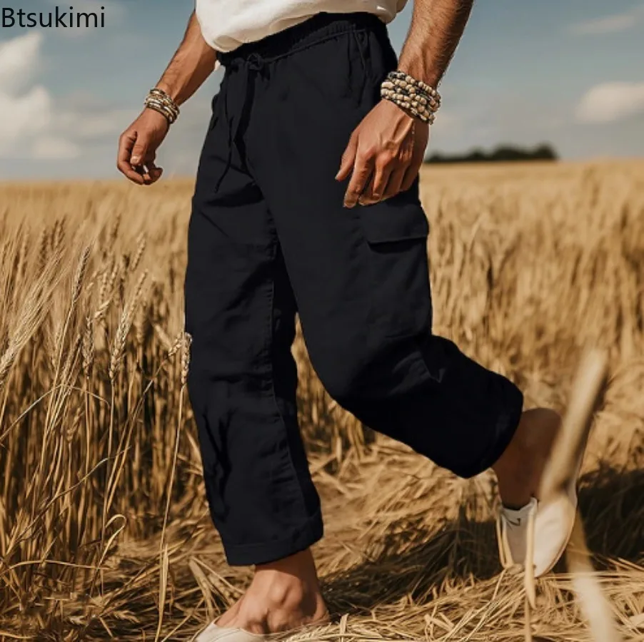 New Men's Cargo Pants Retro Cotton Linen Casual Pants Spring Summer Breathable Thin Loose Beach Pants Men Sport Joggers Trousers