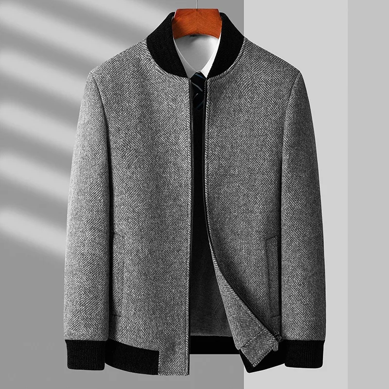 

New Autumn and Winter Men's Woolen Jacket for Business and Leisure with Thick Cotton and Stand Up Collar Zipper