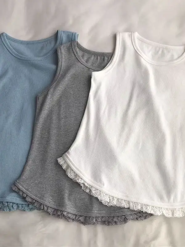 

plus Size Korean Style Lace Trim Hem Summer Casual Loose Women's Camisole Inner Wear Slimming Top for Heavy Girls