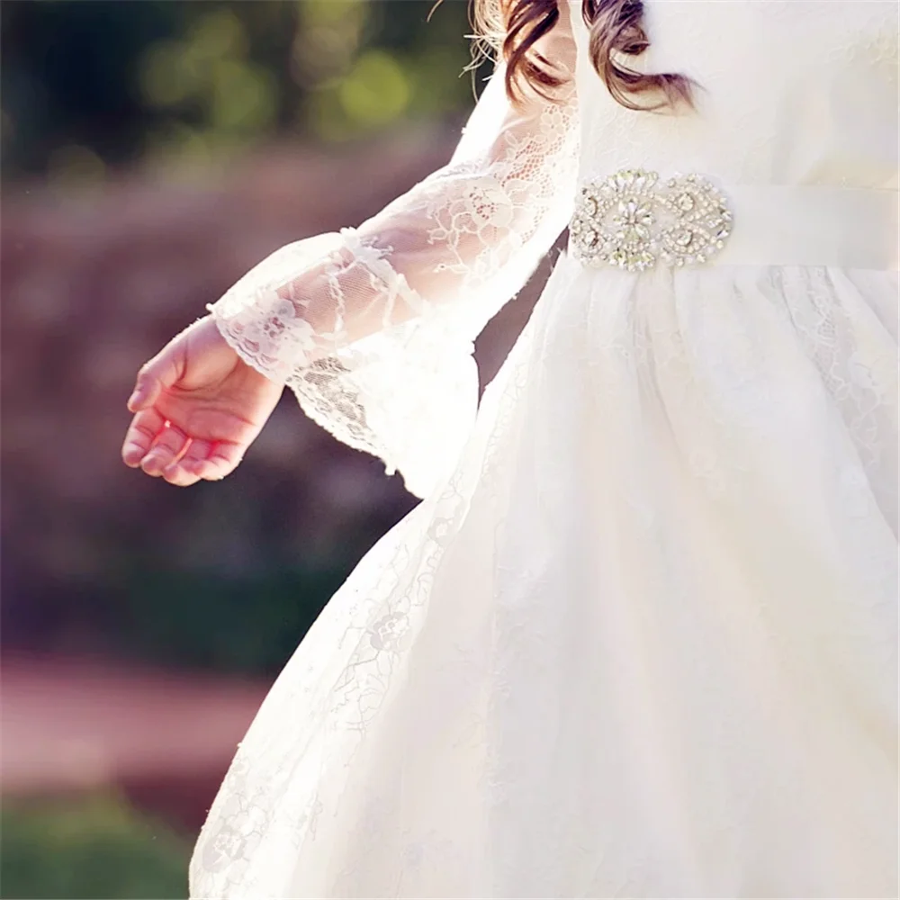 First Communion Gowns White Angel Flower Girl Dresses Tulle Lace Appliques Diamond Belt Long Sleeve For Wedding Kids Birthday