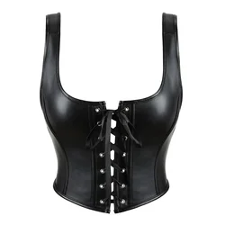 Women Leather Corset Top Crop Bustier Vest Gothic Lace Up Push Up Bodice Sexy Lingerie Corselet Party Short Camis Plus Size