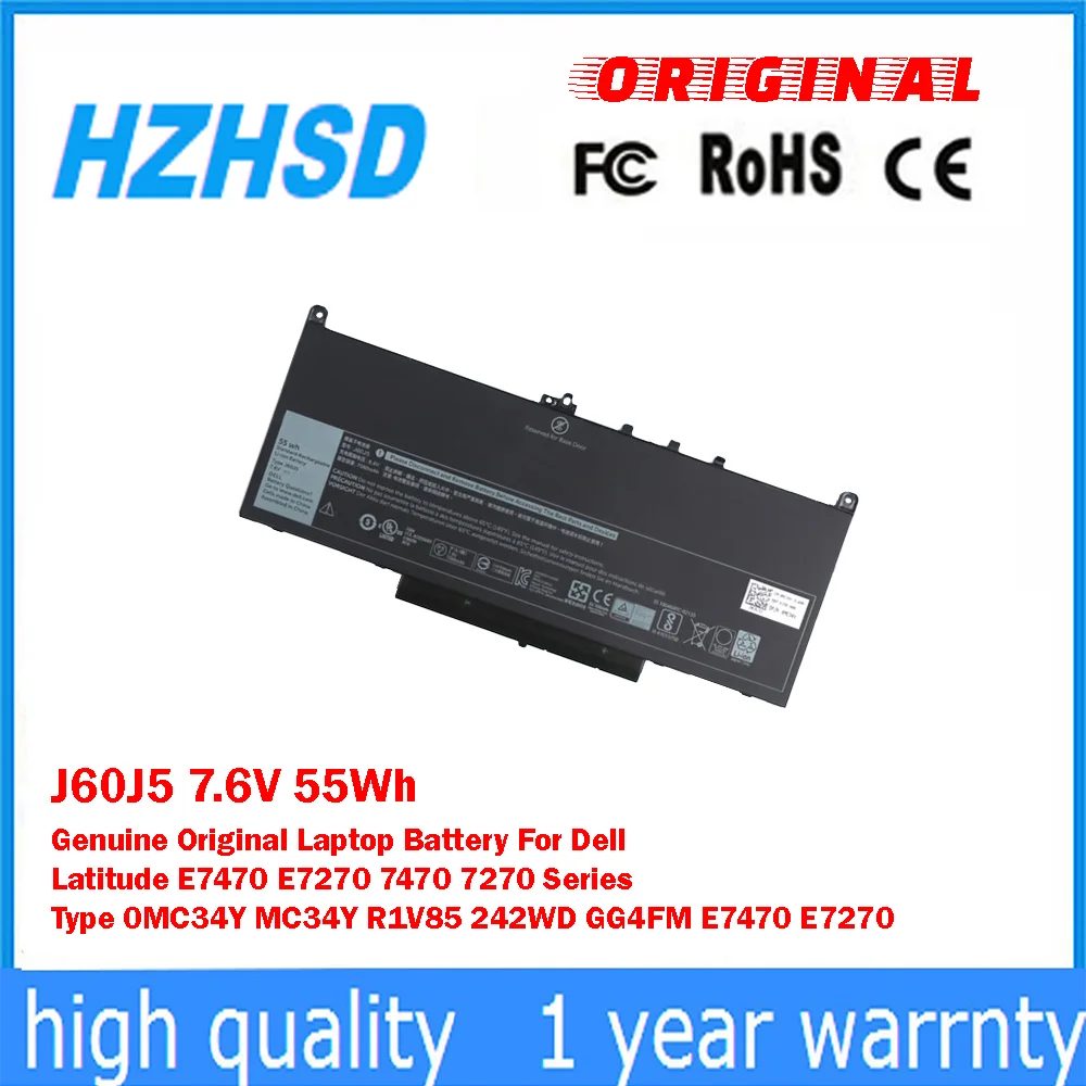 

J60J5 7.6V 55Wh Genuine Original Laptop Battery For Dell Latitude E7470 E7270 7470 7270 Series Type 0MC34Y MC34Y R1V85 242WD