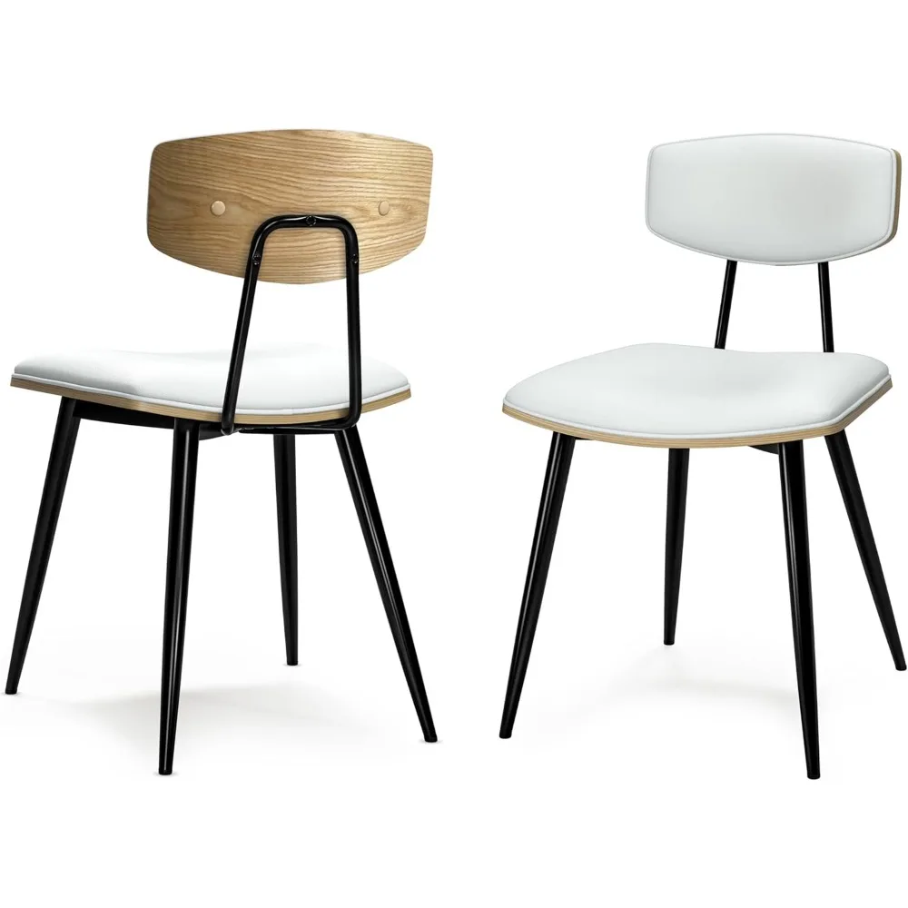 

Mavis Dining Chairs - Mid-Century Modern Iron Frame and Vegan Faux Leather Kitchen Chair Set in White, Dining Room Seating with