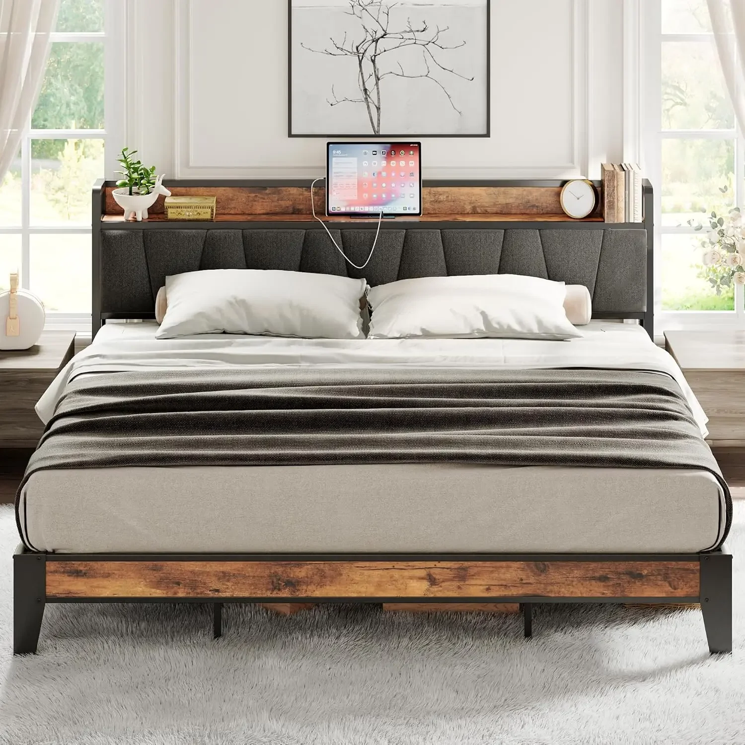 King Size Bed Frame, Storage Headboard with Charging Station, Solid and Stable, Noise Free, No Box Spring Needed, Easy