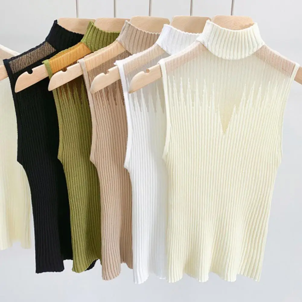 Sexy Women Slim Knitted Vests Summer Female Turtleneck Sleeveless Solid Stretch Camis Tank Tops