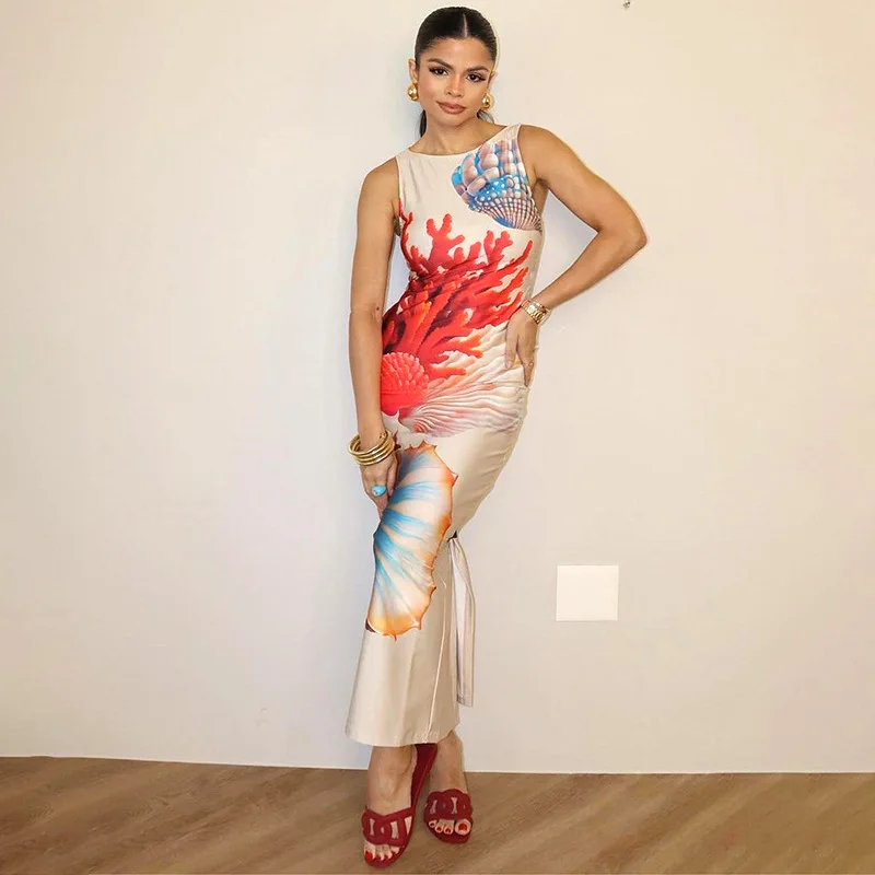 

Французское ретро без рукавов с принтом океана, свежее и элегантное банкетное тонкое платье 2021, весенне-летняя новая модная женская одежда