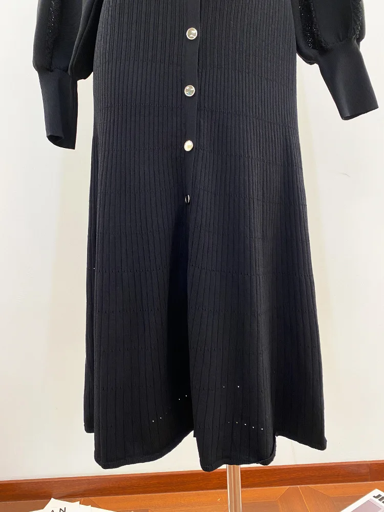 CHUJIE 秋冬春新作 フレンチスタイル ファッション エレガントドレス 高級感 ニットロングワンピース パフスリーブ付き