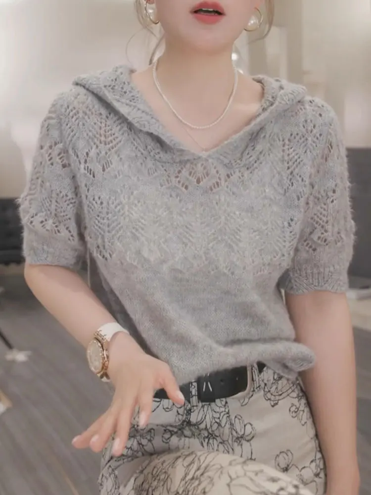 ay محبوك سترة مع قبعة الجوف خارج تصميم الصيف جديد عارضة Sle المرأة ort Sve أعلى الكورية Faion فضفاضة تناسب