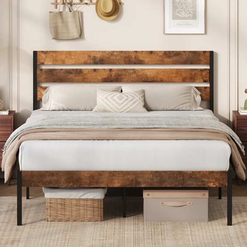 

Full Size Bed Frame with Headboard Metal Platform Under Bed Storage 1500LBS Capacity Rustic Brown No Box Spring Needed Easy