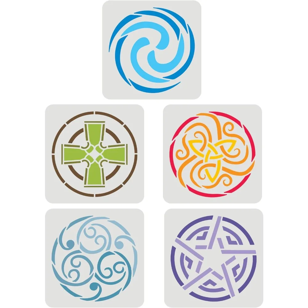 

5 pcs Celtic Stencil 5.9x5.9 inch Reusable Viking Celtic Knot Stencil Air Water Earth Fire Spirit Viking Symbol Stencil DIY