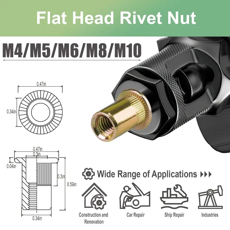 Rivet Nuts Flat Head Threaded Insert Nutsert Cap for Riveter Nut Gun Zinc Plated Carbon Steel Fastener Metal Hardware Accessory