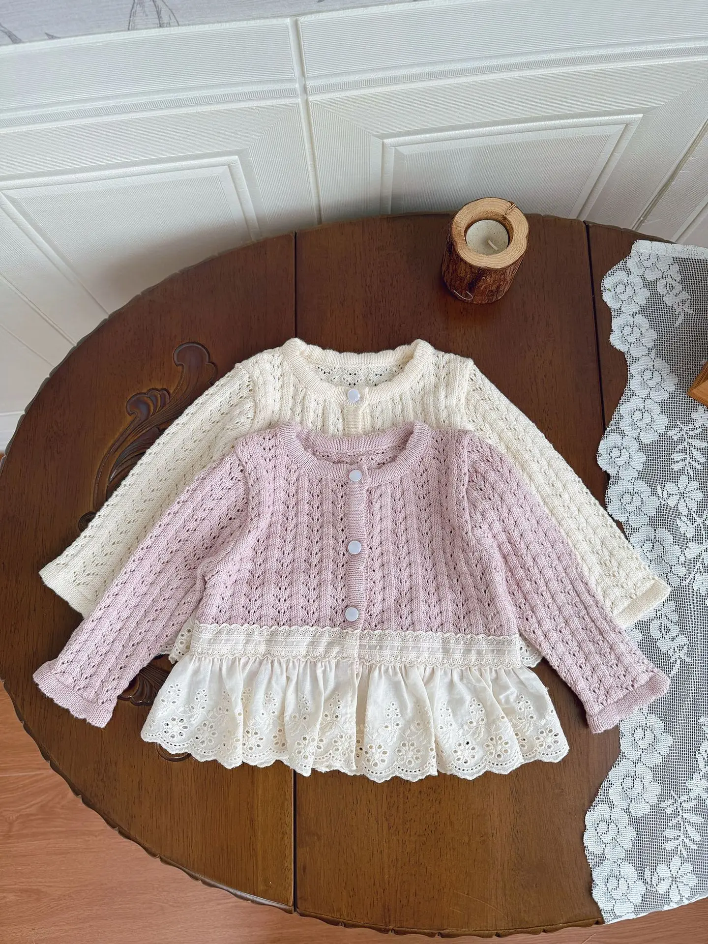 

6M-4T Spring Sweet Style Children Sweater Girls Openwork Knit Eyelet Lace Hem Cardigan Pink Soft Kids Clothing