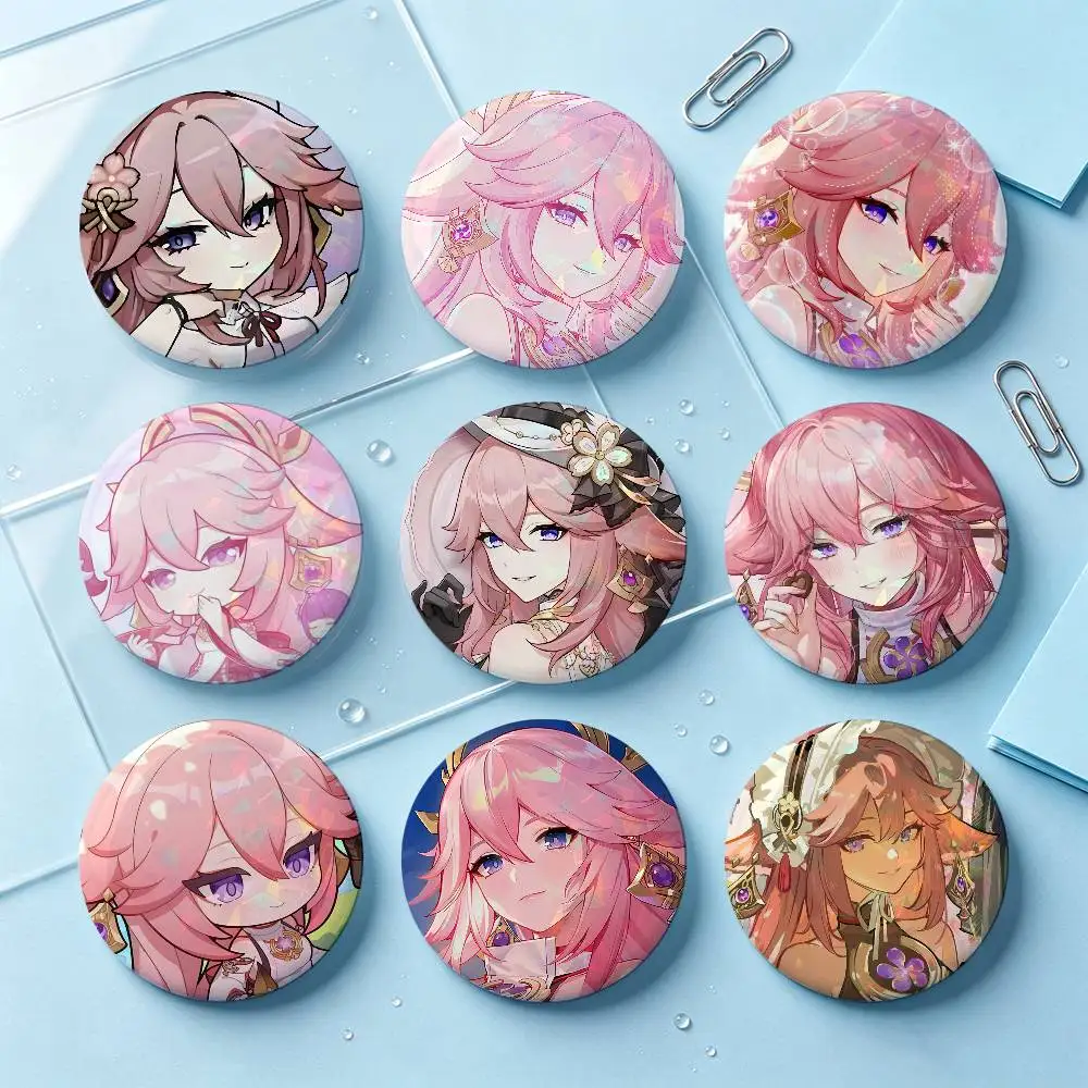 Yae Miko Genshin Impact Badges 25 32 44 58 75 Mm Round Cosplay Pin Bag Decor Fans Collect Friends Gifts Brooch Souvenir