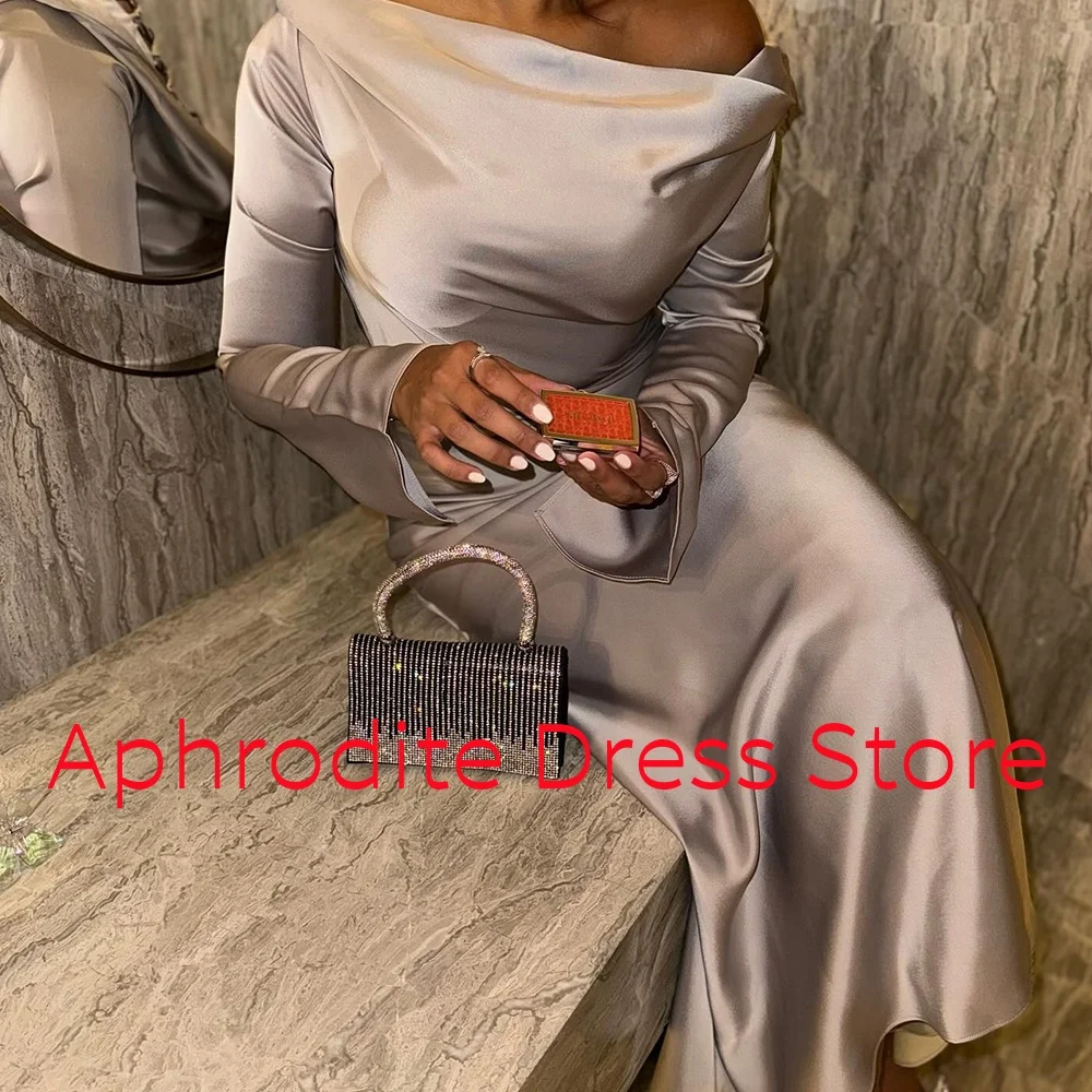 高品質のサテンのイブニングドレス,裸の肩,後ろにレース,長袖,高品質のカスタムサイズ