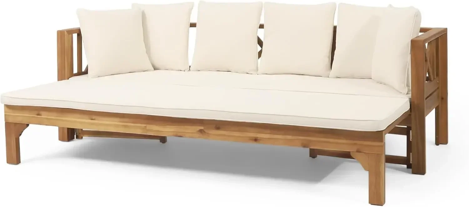 Rozkładana sofa rozkładana Varney Outdoor z drewna akacjowego, 78,5 "szer. x 26" gł. x 24,25" wys., тик + beż