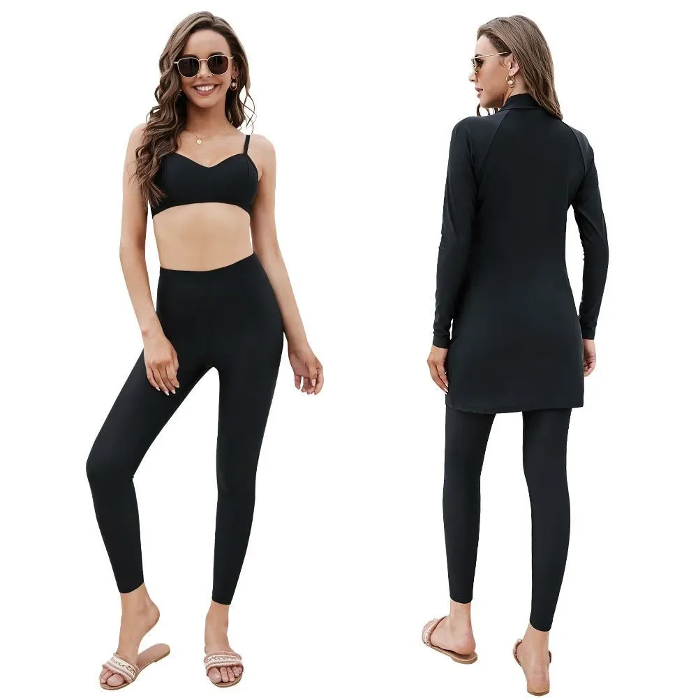 

3pcs Set Muslim Swimwear Women Modest Patchwork Long Sleeves Swimsuit Islamic Burkinis Wear Bathing Suit Full Cover Swimwears