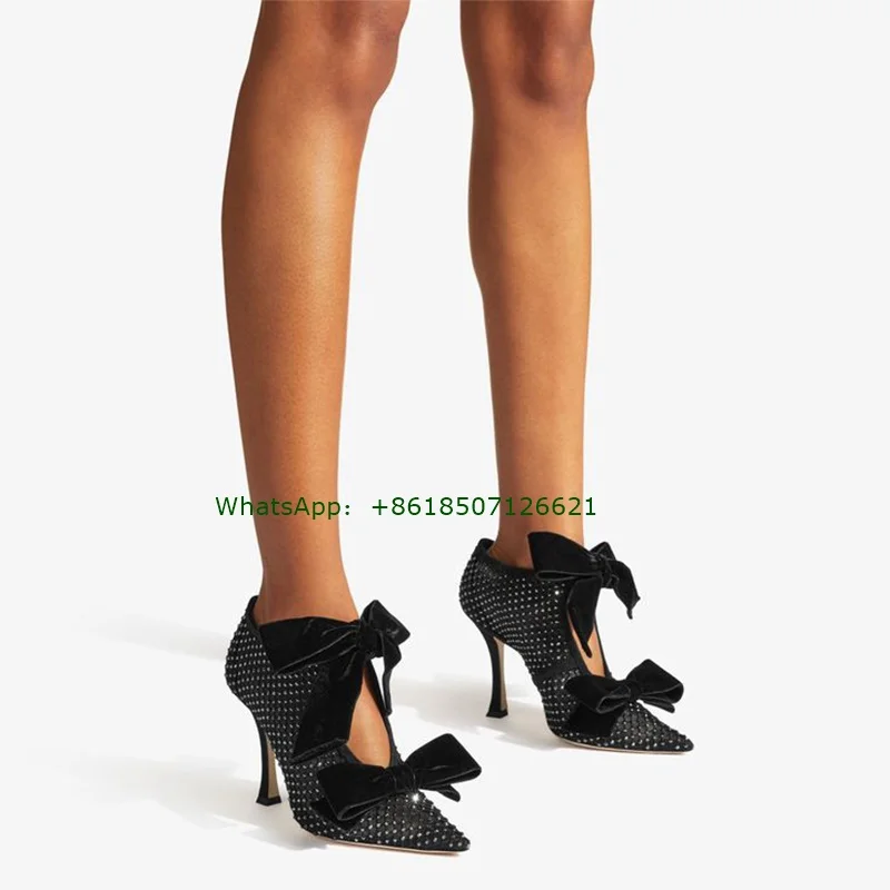 

Black Pointed Toe Bow Rhinestone Women'S High Heels Slip-On Stiletto Sexy Women'S Shoes