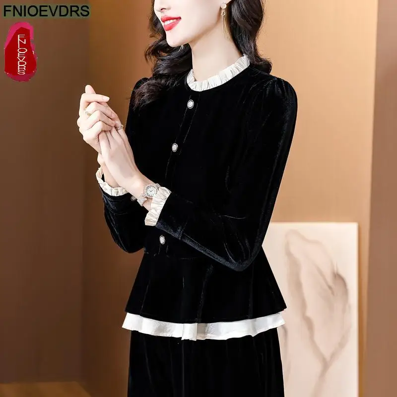 S-4XL Ruffles Black Velvet Top Women Autumn Winter French Design Elegant Office Lady Work Button Shirt Slim Retro Peplum Blouses