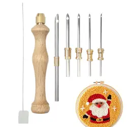 Wooden Embroidery Punch Needle Adjustable Knitting Embroidery Pen Punch Pen with Wooden Handle DIY Craft Sewing Tools