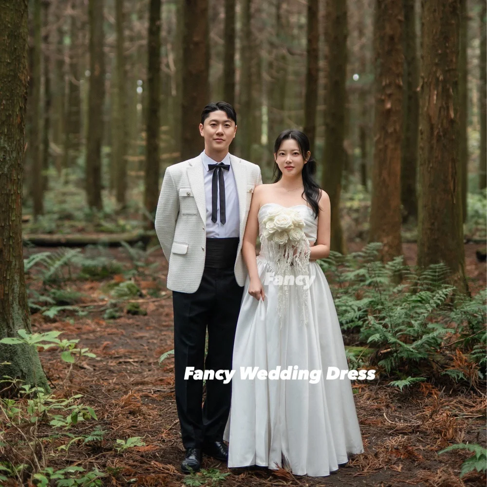 Fancy Simple Bow Strapless Korea Wedding Dress Photoshoot A Line Soft Satin Evening Gown Back Corset 웨딩드레스 Customized