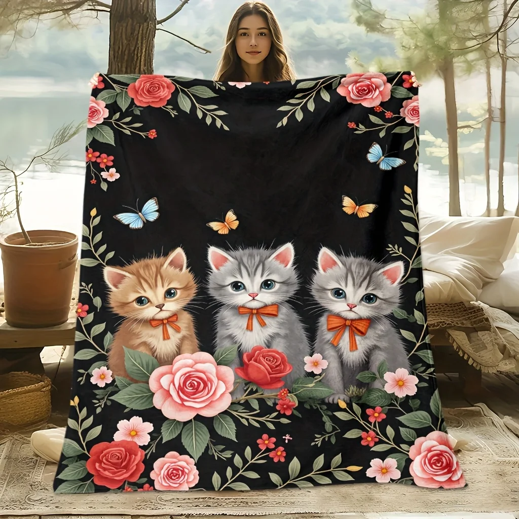 

Top pick1pc Kitten Rose Butterfly Blanket 100% Polyester Black Print All-Season Cooling Machine Washable Gift