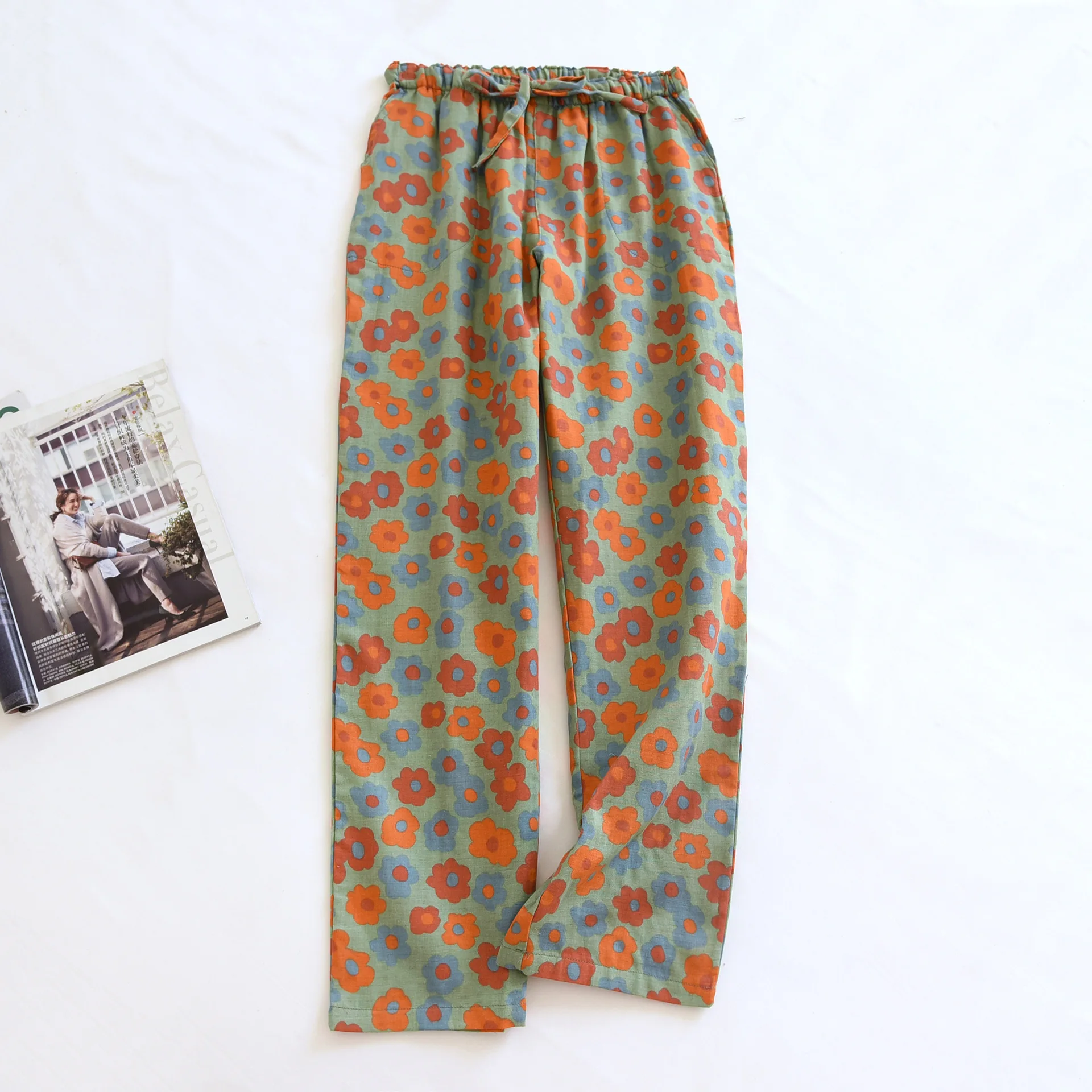 Pantalones de pijama para mujer, pantalones totalmente de algodón crepé con flores grandes, pantalones finos para el hogar, frescos y de ocio,