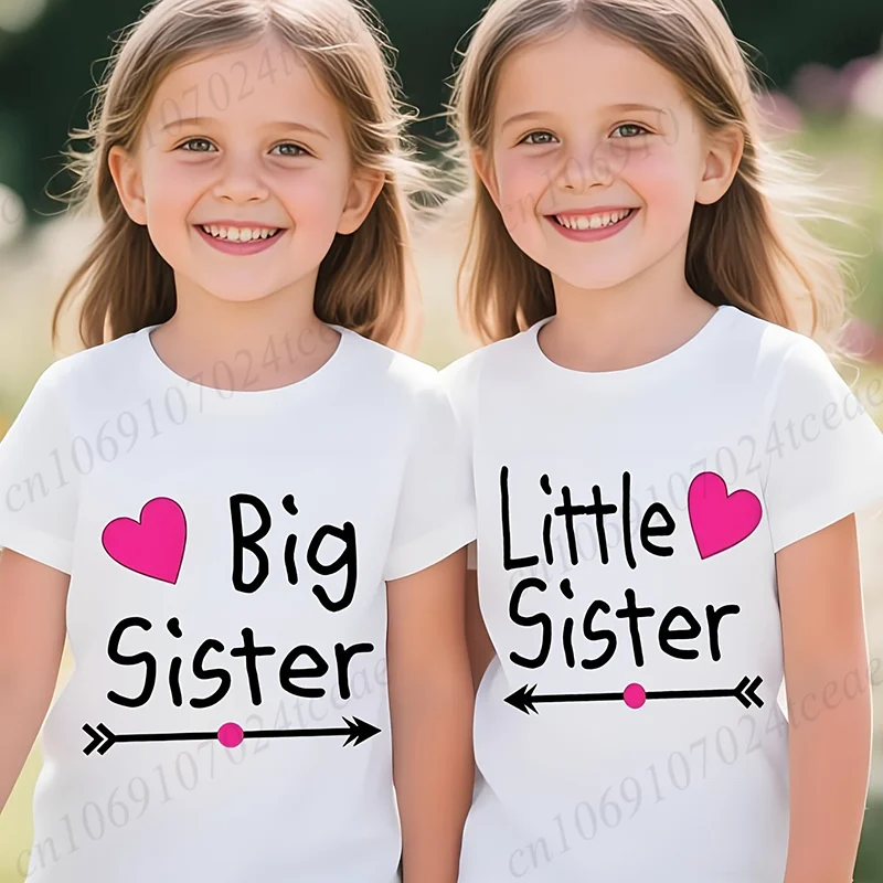 Big Sister Little Sister Print Summer Kids T Shirt Graphic Shirt Girls Cotton Tops Short Sleeve White Black Tee Cartoon T-shirt