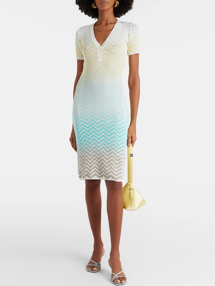 Spring Summer Fashion Party Zigzag Pattern Knitting Knee-Length Pencil Dress Women's O-Neck Button Short Sleeve Slim Dresses