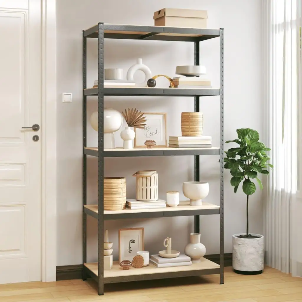 5-Tier Heavy-Duty Grey Steel & Engineered Wood Storage Shelf - Durable Multi-Functional Organizer