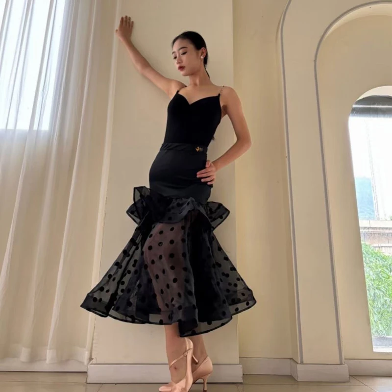 Modern Dance Dress Black Split Suit Suspender Top Double Layer Fishbone Skirts Suit Waltz Ballroom Dance Dress Women DN18206