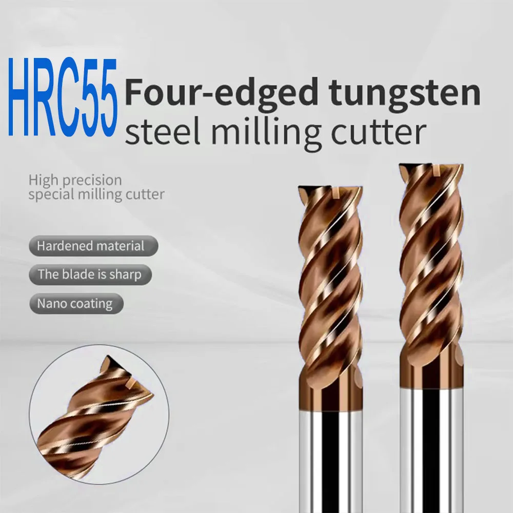 

55° 4-Flute Tungsten Carbide End Mill, Extended Length, Coated, Alloy, CNC Flat End Mill, Router Bit
