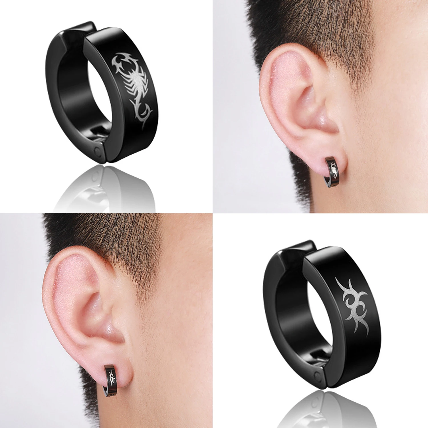 

1piece Punk Titanium Steel Ear Clip Earrings For Men Women Print Pattern Black No Pierced Fake Ear Circle New Hip-pop Jewelry